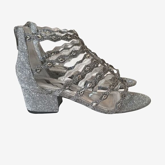 Nina Girls Silver Sparkle Gladiator Zipper Block Heel Sandals Size 2 - Picture 2 of 7